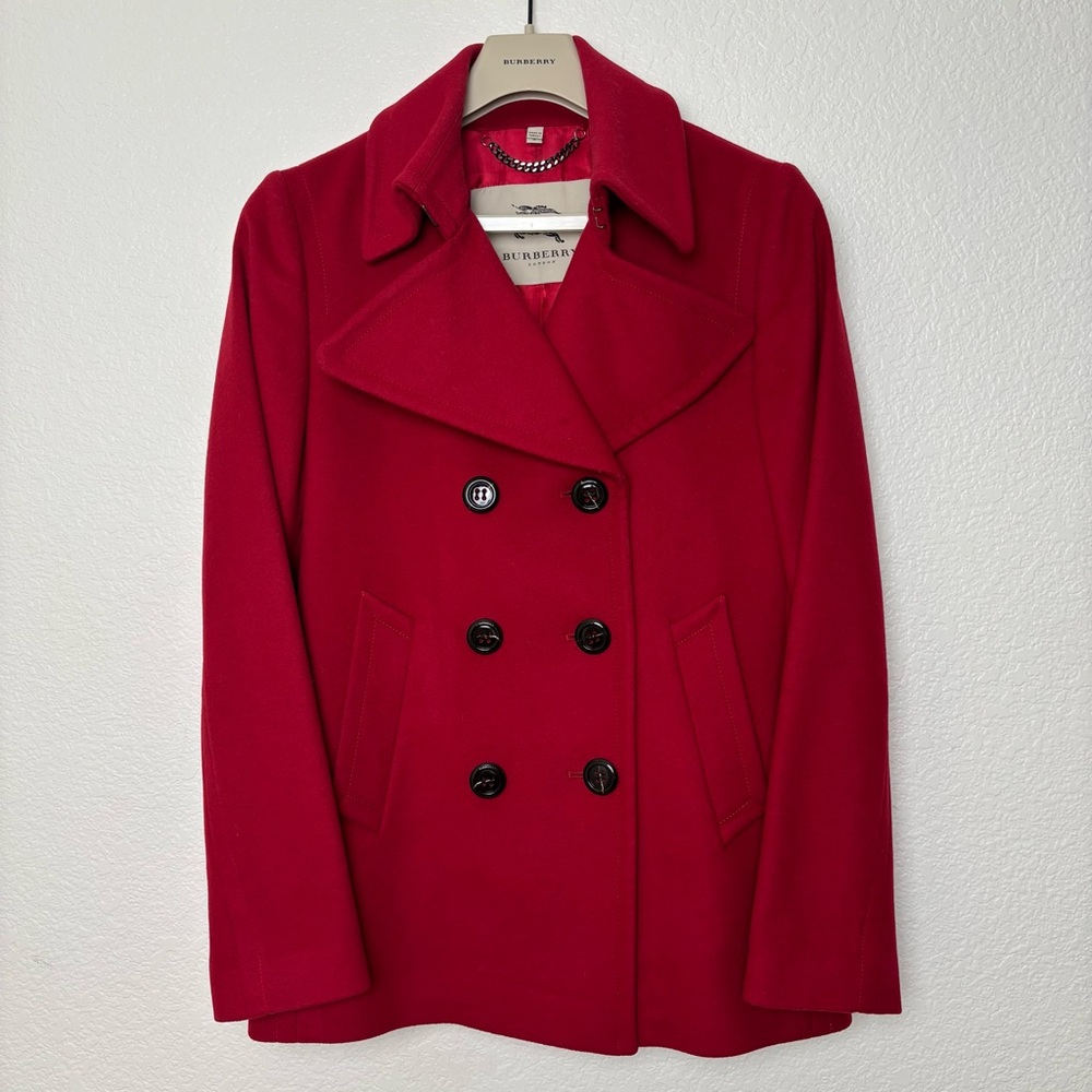 Burberry Red Wool Cashmere Peacoat Double Breasted Jacket Coat Size Small - Picture 2 of 7